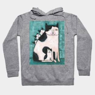 Black and White Mom Cat and Kittens Hoodie